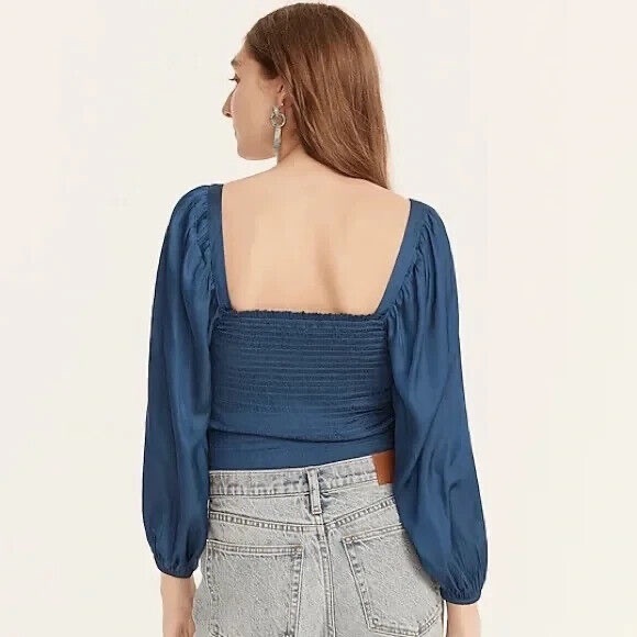 NWT J. Crew black squareneck smocked featherweight satin cropped top size S - Picture 6 of 7